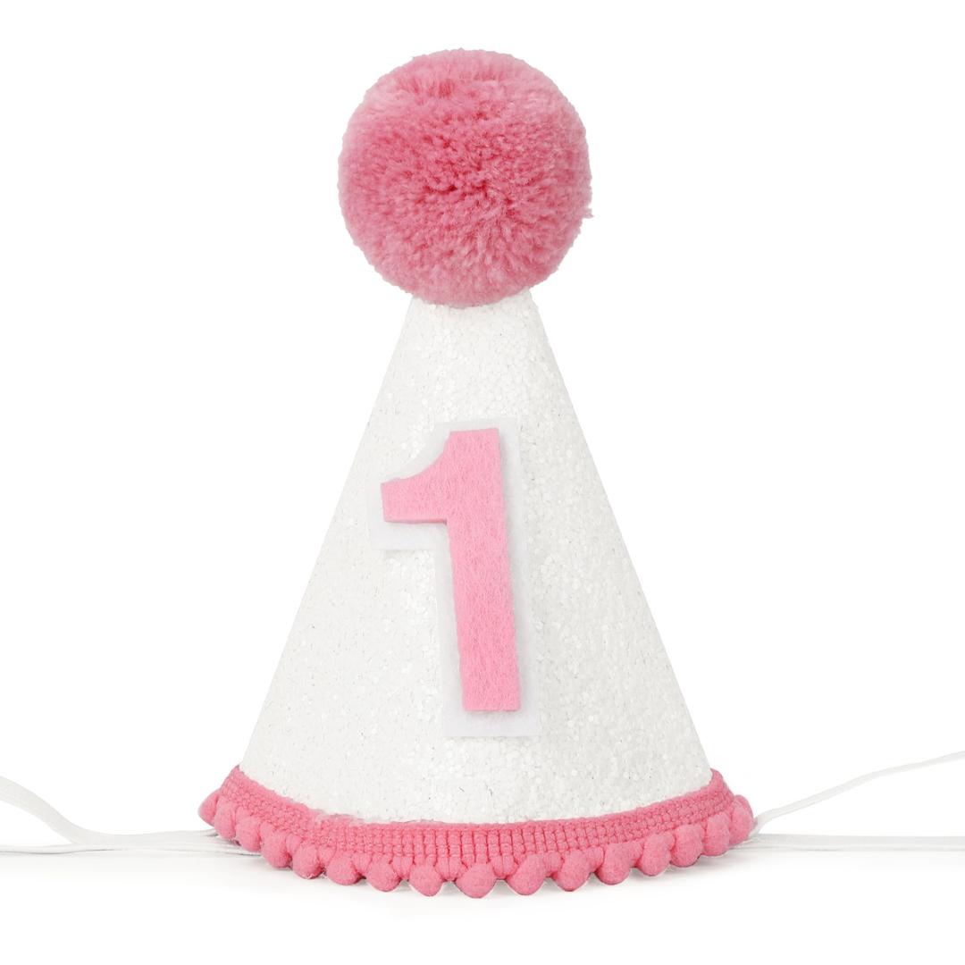 BAOBAOJOY Girls' First Birthday Cone Hat–Glitter White with Pink Pom Topper, Perfect for Cake Smash & Baby's 1st Birthday Photos, Perfect Party Decoration(1Glitter White)