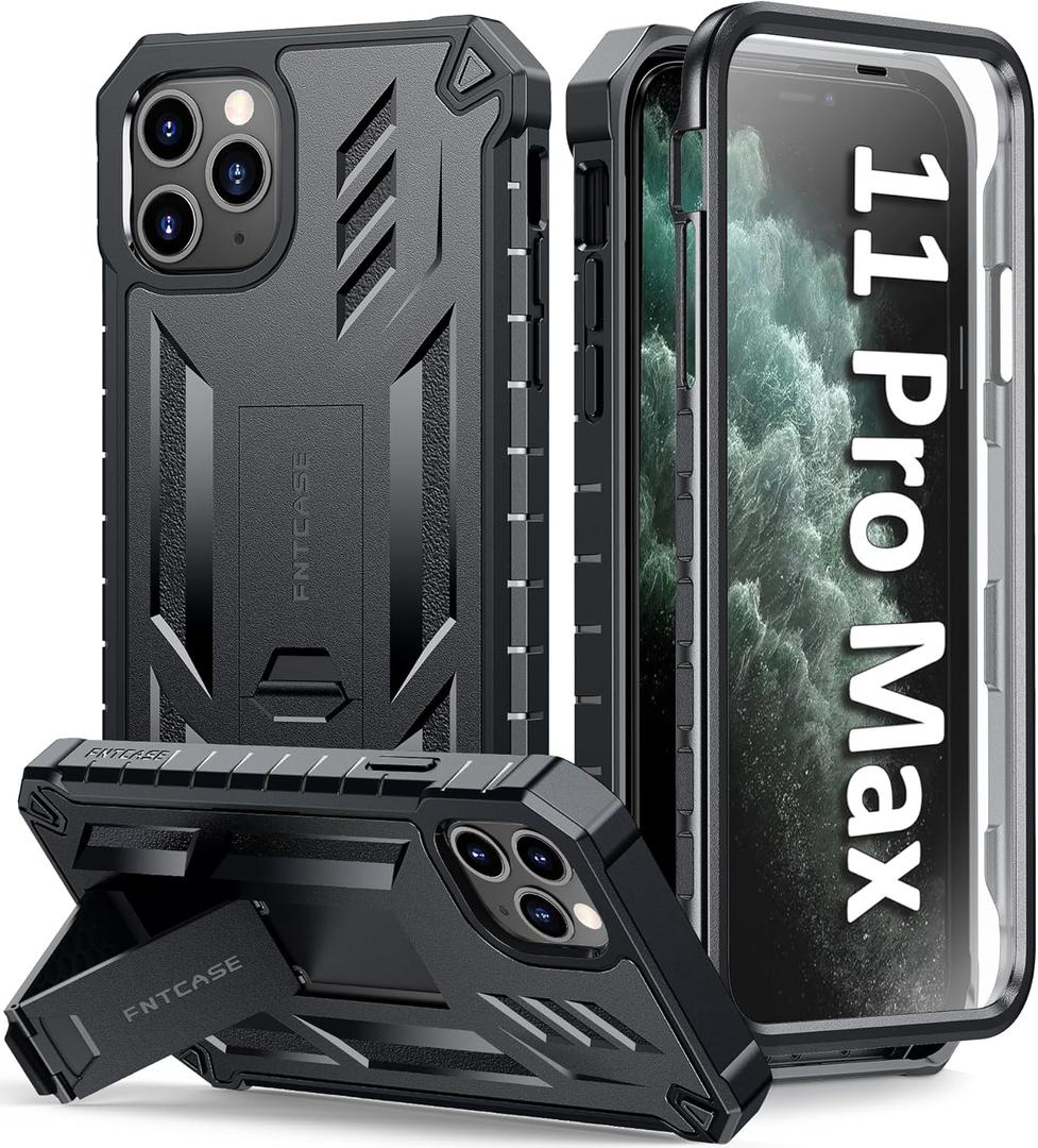 FNTCASE for iPhone 11 Pro-Max Case: Rugged Shockproof Protective Cases with Kickstand - Heavy Duty Dual Layer Military Grade Drop Proof Protection Cell Phone Cover (Black)