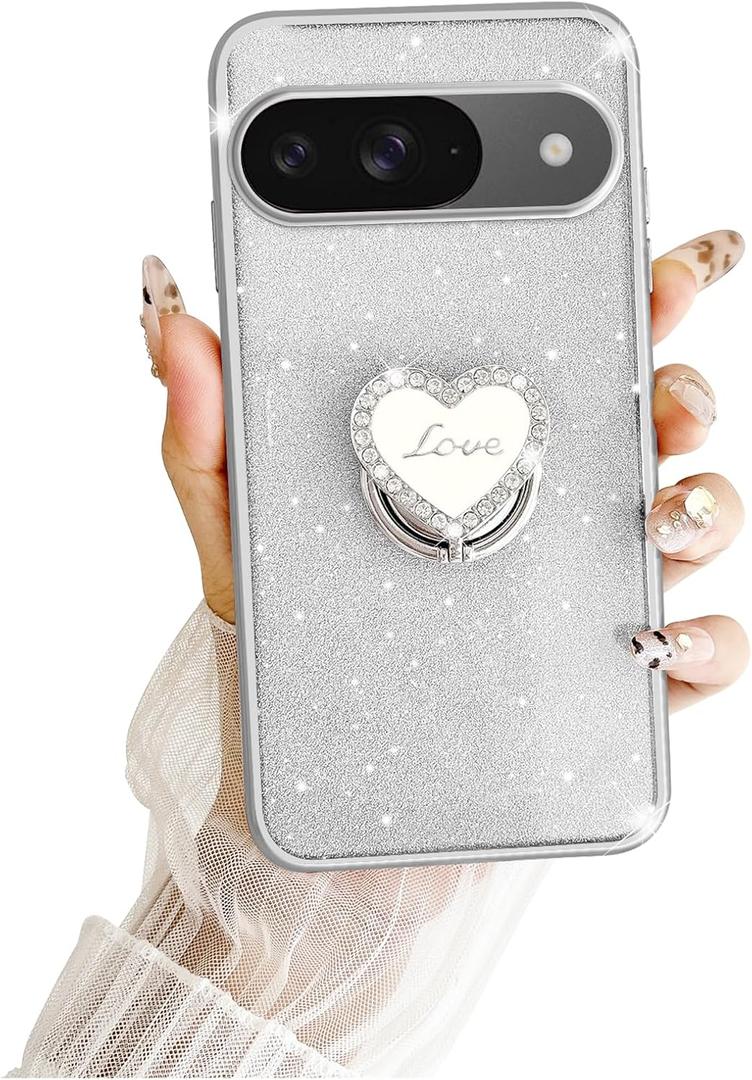 for Google Pixel 9 Case,Clear Cute Glitter Bling 3-Layer Sparkle Protective Case with Ring Pretty Kickstand, Women Girls Girly Phone Case for Pixel 9 (Silver)