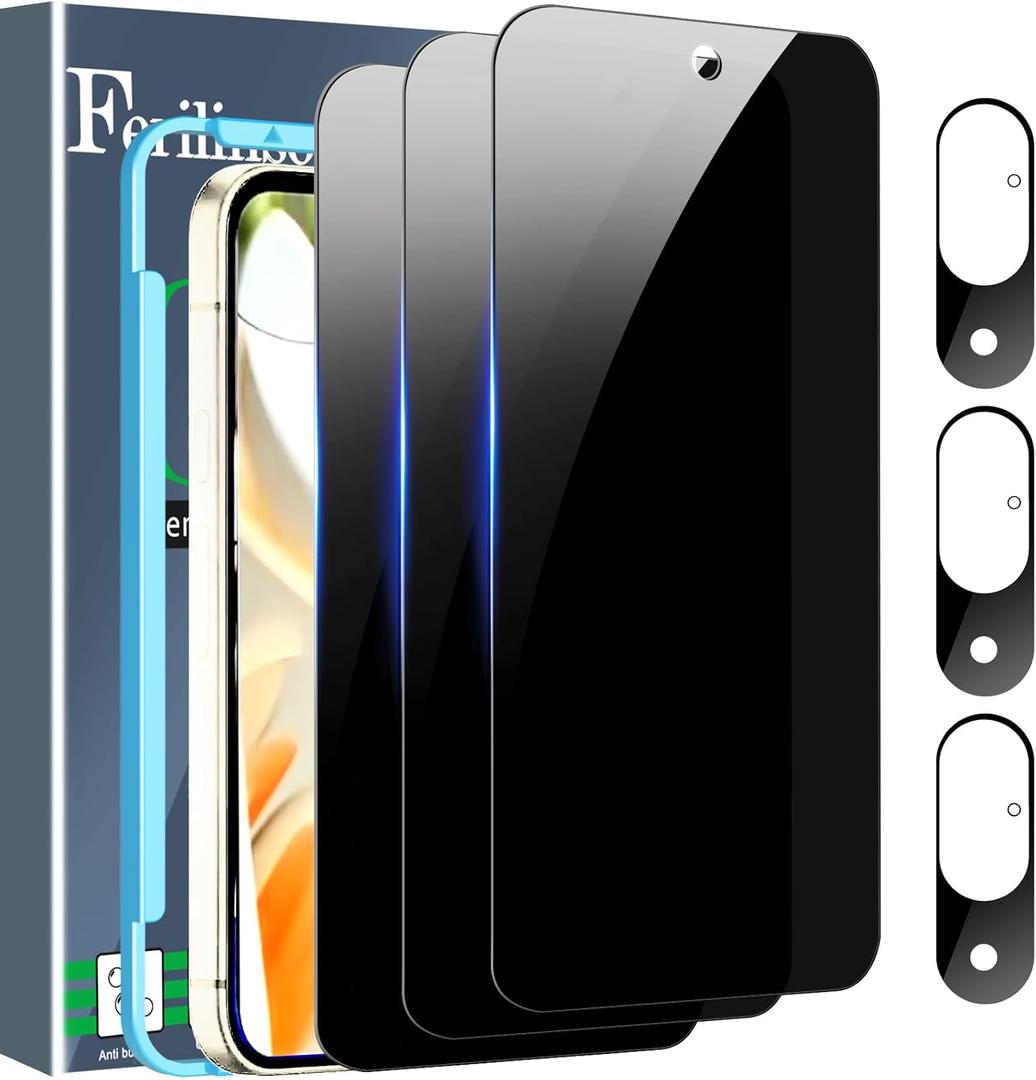 Ferilinso Full Coverage 3 Pack Privacy Screen Protector for Google Pixel 9 [Phone Case Friendly], 3 Pack Tempered Glass Camera Lens Protector Accessories [Auto- Dusting & Adhesive]