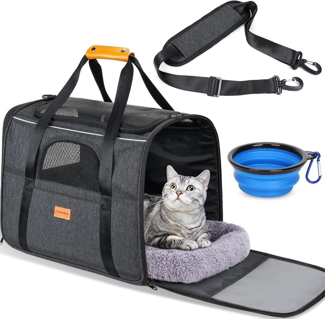 Morpilot Cat Carrier - Cat Carrier Soft for Medium or Large Cats up to 20lbs, with Dual-Sided Cushion, Secure Buckle and Foldable Bowl, Dog Carriers for Small Dogs - Pet Carrier (Dark Gray) (17.3"L x 12.2"W x 13.4"H)