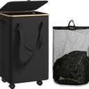Large Laundry Basket with Wheels,100L Tall Laundry Hamper with Lid and Removable Liner Bag,Collapsible Dirty Clothes Hamper for Bathroom,Bedroom,Dorm & Laundry Room,Black