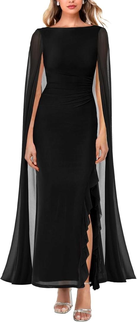 MAYFASEY Women's Sexy Ruched Cape Sleeve Crewneck Cocktail Bodycon Dress Formal Wedding Guest Date Night Club Party Dresses Black XL