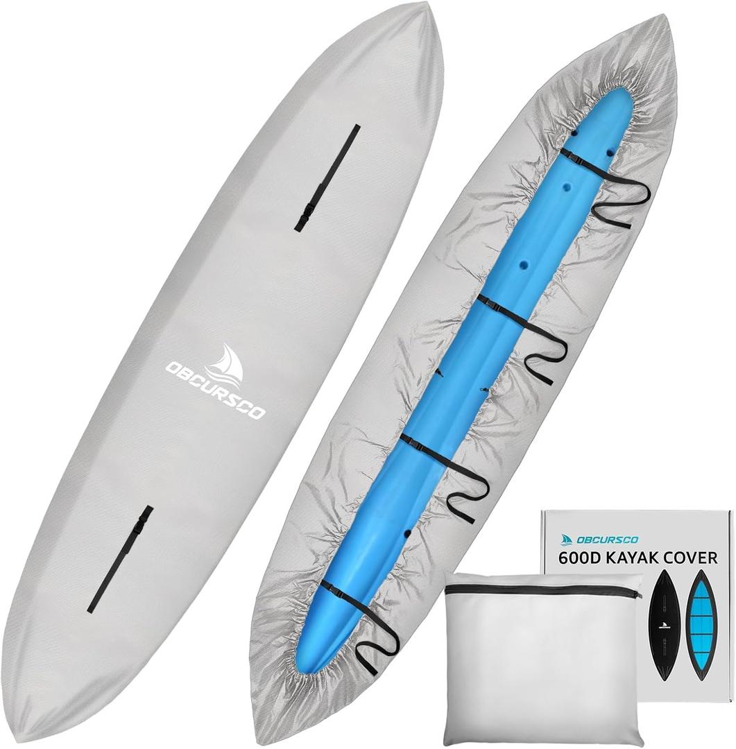 Obcursco 600D Kayak Cover Waterproof, 9.3-16.5FT Thickened UV-Proof, Tear and Fade Resistant Canoe Cover, Kayak Covers for Outdoor and Indoor Storage, Perfect as Kayak Accessories for SUP Paddle Board (Gray)
