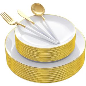 Supernal Elegant White and Gold Plastic Dinnerware Set Premium Heavy-Duty Disposable Plates & Gold Plastic Silverware for Weddings, Outdoor Parties & Birthdays (Serves 30)
