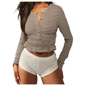 SOLY HUX Women's Striped Button Down T Shirts Dressy Casual Peplum Long Sleeve Knit Crop Tops Multicoloured Striped Large (L)