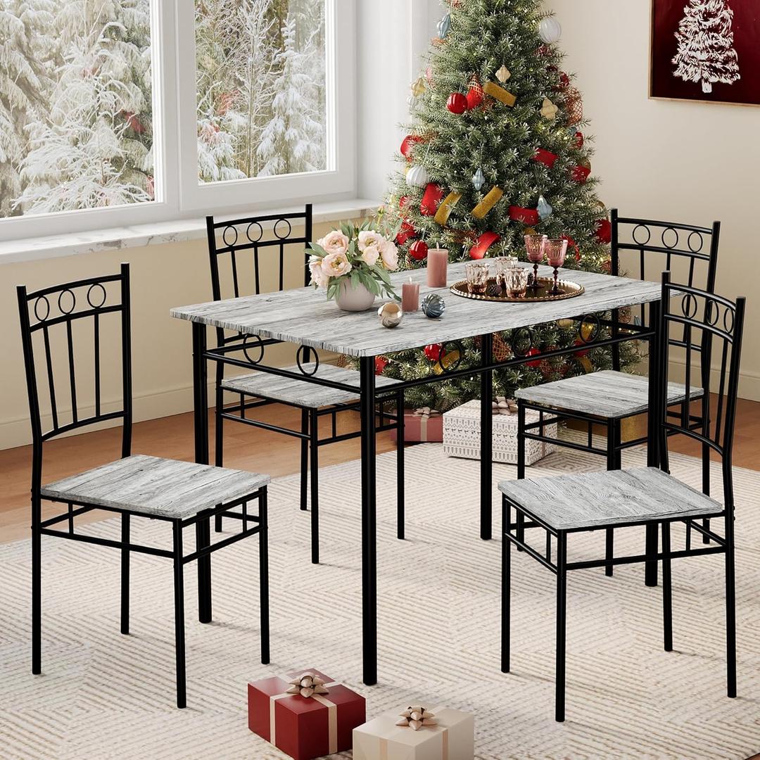Vipbear Kitchen Dining Table Set for 4, 5-Piece Kitchen Table Set,Dining Room Table Sets,Rectangular Kitchen Table Set with 4 Chairs for Small Space, Dinette,Apartment,Rustic Grey (0.6" Thick)
