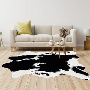 Cow Print Area Rug Large Faux Cowhide Rug 4.6x5.2 Feet Animal Printed Carpet Faux Cow Hide Rugs for Bedroom Living Kids Room Office Western Home Decor Mat, Black Cow Print