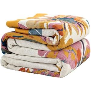 VANJOROY Boho Throw Blanket, 100% Organic Cotton Breathable Ultra Soft Bed Cover 50" x 60" Throw - All Season Rustic Floral Farmhouse Decor Blanket for Sofa Couch Chair and Gift-Beige