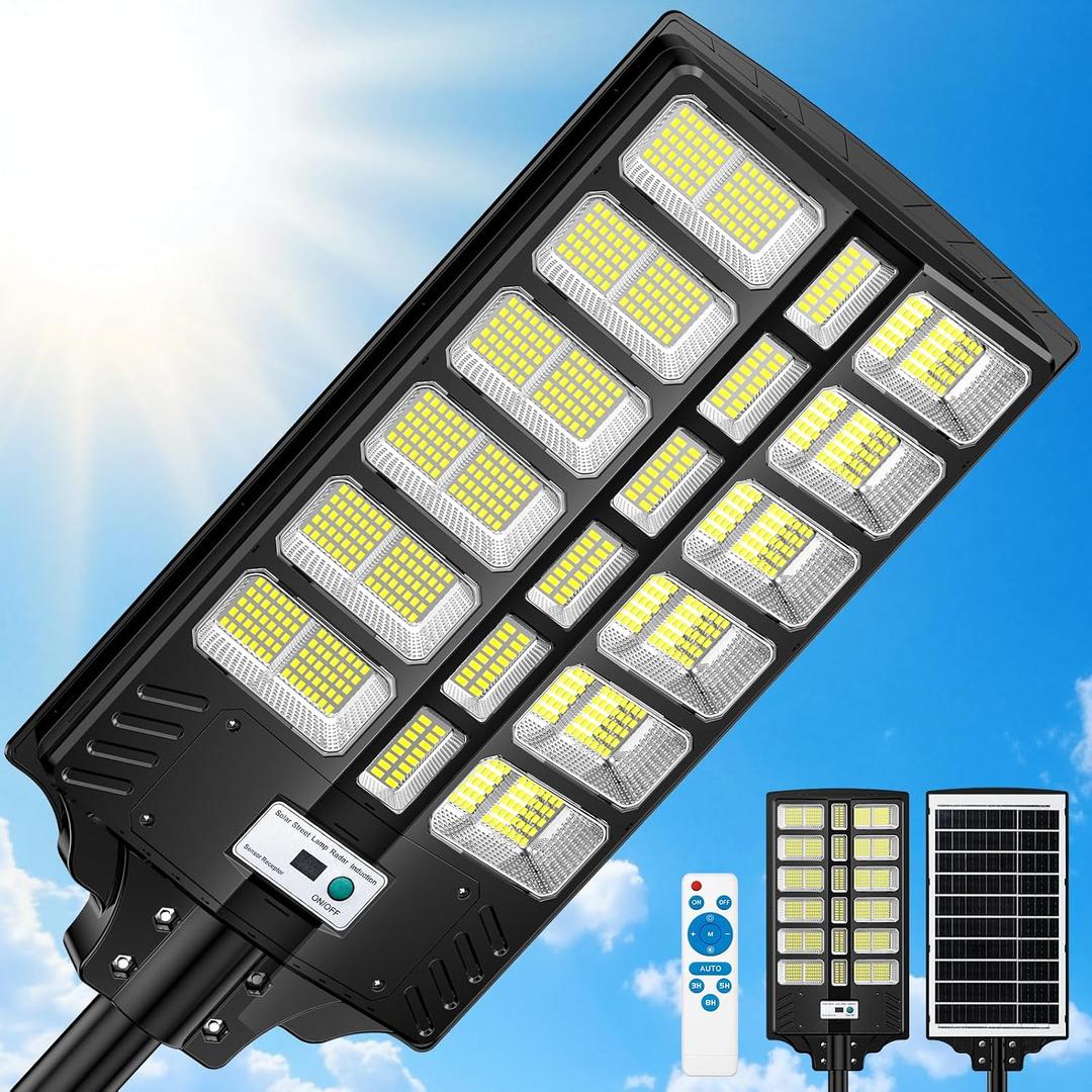 Solar Street Lights Outdoor Waterproof 9000W, Large Commercial Solar Powered Parking Lot Lighting Dusk to Dawn with Motion Sensor & Remote Control, 7000K Heavy Duty LED Street Lamp for Driveway, Yard, 9000W-1 Pack