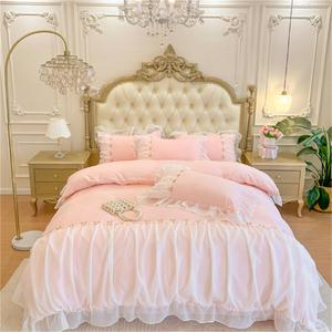 MOOWOO Pink Bedding-Romantic Ruffle Lace Bedding Set 3 Piece Comforter Fulll Duvet Cover with Zipper Closure,Coquette Room Decor-Pink,Full Size