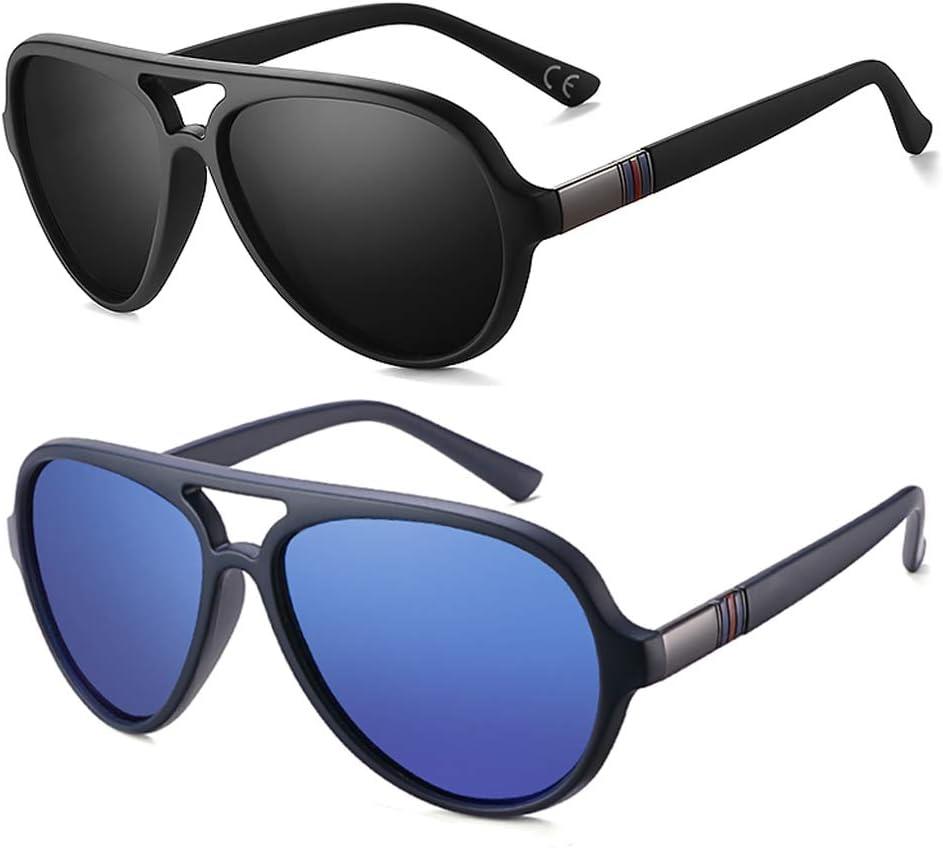 2 Pack Aviator Sunglasses For Men Polarized Lens Plastic Lightweight Double Bridge Frame UV Protection For Driving Matte Black Frame/Smoke Lens+Blue Frame/Blue Revo Lens