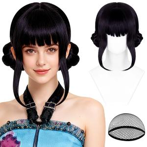 Short Black Purple Wig with 2 Buns for Women, Cosplay Wigs with Bangs Halloween Costume Party Synthetic Two-Bun Hair Style for Adults Women Men