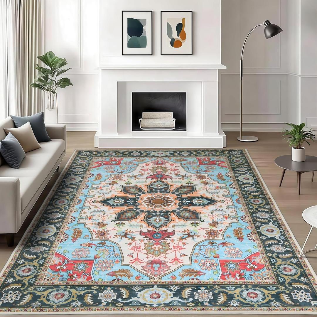 WILLSUN Washable Area Rugs, 6x9 Non-Slip Boho Large Area Rugs for Living Room, Bedroom, Machine Washable Vintage Rug, Indoor Floral Print Carpet for Home Decor, Kid & Pet Friendly Mat (Beige/Blue/Black)