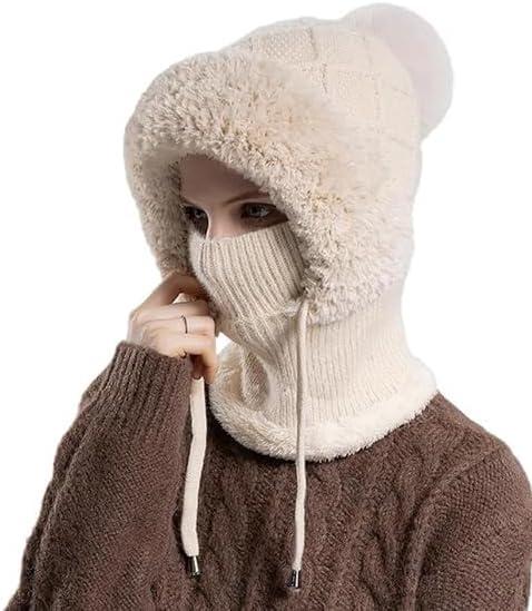 Women's 3-in-1 Beanie Hat with Scarf & Mask, Fleece-Lined Winter Ear Muff Beanie for Cold Weather (Off-White)