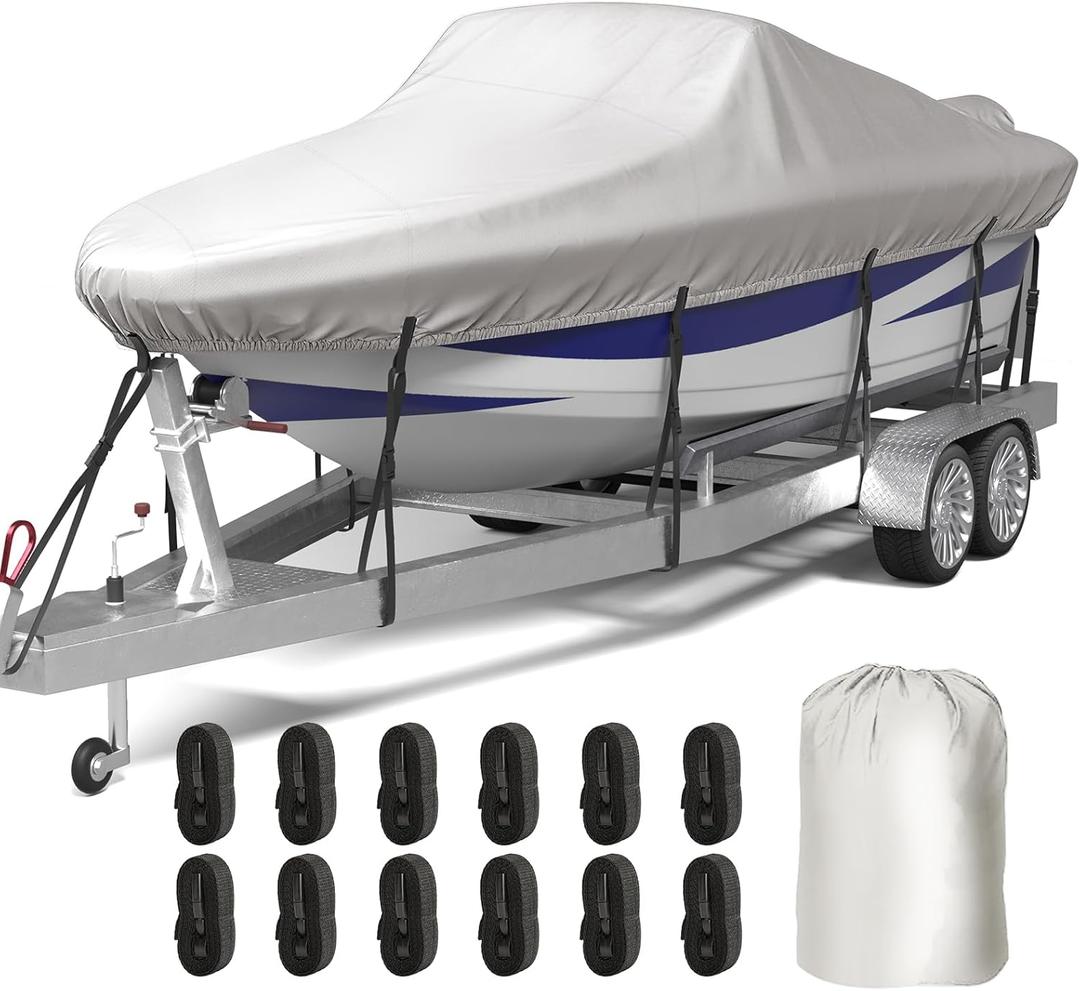 Trailerable Boat Cover 20-22ft, 1200D Oxford Heavy-Duty Marine Grade Waterproof Boat Cover with Storage Bag, Fits V-Hull, Tri-Hull, Bass Tracker, Fishing, Runabout Boat, Gray