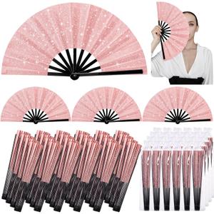 24 Pcs Large Folding Hand Fans for Line Dancing, Fan with Bag Clapping Popping Raves Fans Bulk for Wedding Festival EDM Club Party Decoration (Rose Gold)