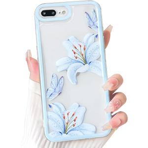 NITITOP Compatible with iPhone 7 Plus / 8 Plus Case Cute Durable Lily Flower Floral Butterfly Pattern for Women Girls Color Frame Slim Shockproof Protective Phone Cover - Blue