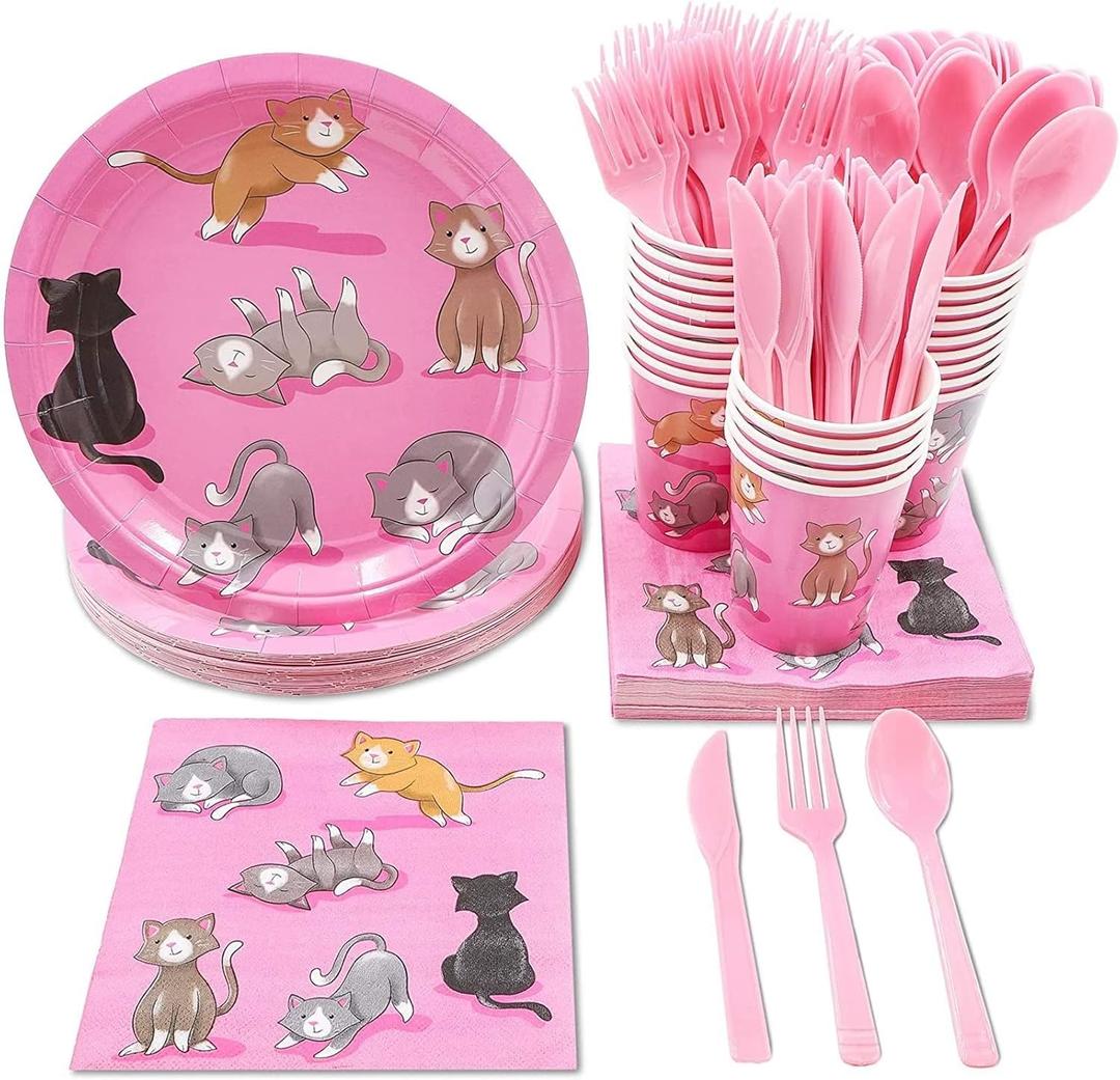 Sustainable Greetings Cat Birthday Party Supplies, Paper Plates, Napkins, Cups and Plastic Cutlery (Serves 24, 144 Pieces) - Cat Birthday Decorations - Kitten Party Decorations