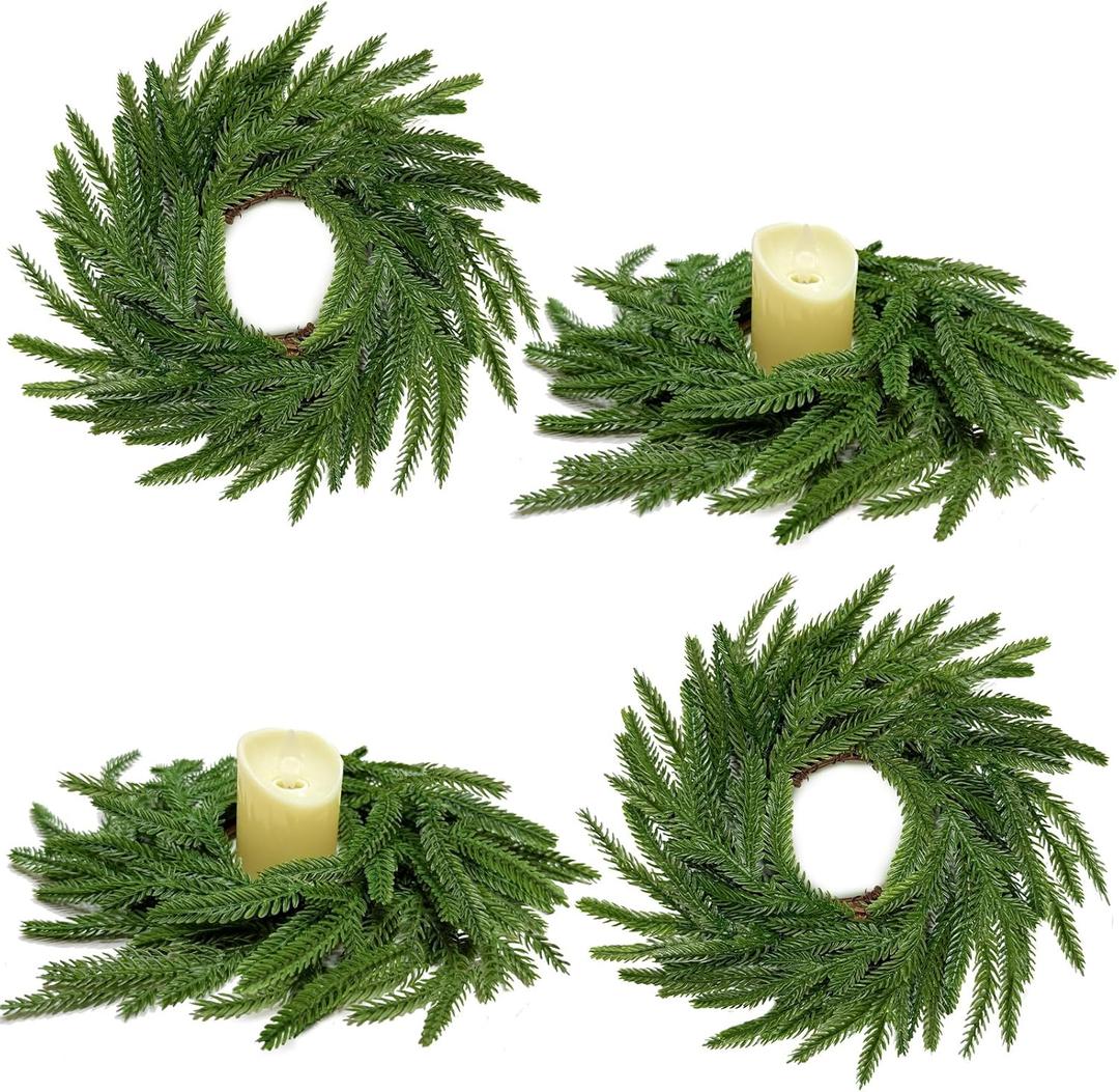 13.5 Inch Norfolk Pine Wreath Candle Rings, 4 Pcs Realistic Soft and Full Mini Christmas Wreath Table Centerpieces Candle Wreaths for Pillar Candles Cedar Small Wreaths for Cabinets Kitchen Windows