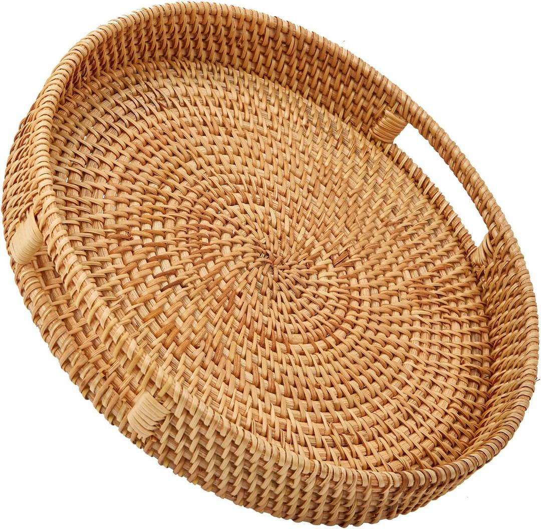 Round Rattan Serving Tray with Handles, Hand Woven Basket, Home Decor Organizer Tray for Breakfast, Tea, Snack, Fruit, Coffee,Storage (Medium)(11.9inchX1.7inch)