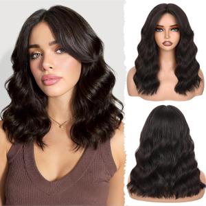 FAVE 14 Inches Brown Wavy Bob Wig Synthetic Curtain Bangs Wig for Women Heat-Resistant Bob Wig for Daily UseDark Brown,190g