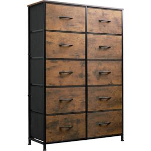 WLIVE Tall Dresser for Bedroom with 10 Fabric Drawers, Organizer Units for Closet, Storage Tower with Cabinet, Metal Frame, Rustic Brown Wood Grain Print Dressers