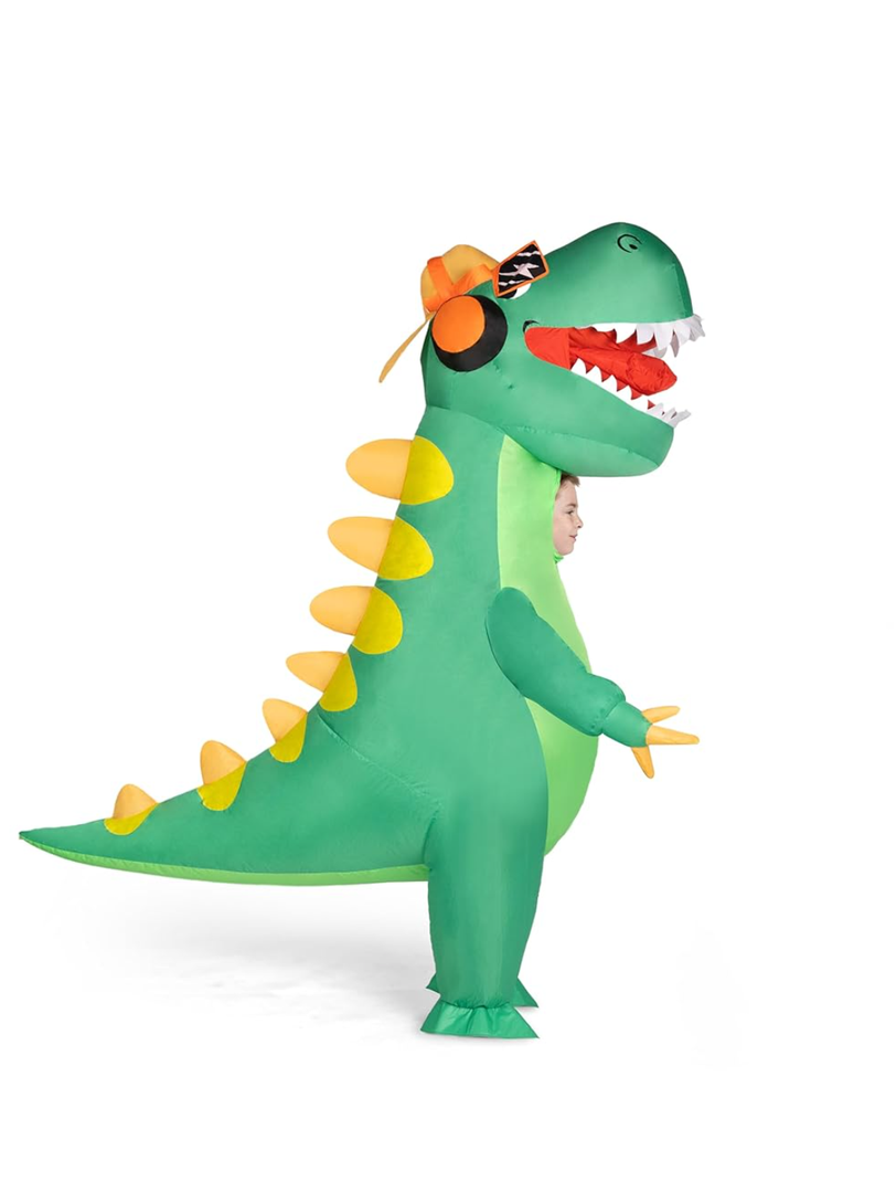 Spooktacular Creations Kids Inflatable Dinosaur Costume, Full Body Green T-rex Blow Up Costumes, With Spine, Hat, Glasses and Headphones, Funny Hip-hop Halloween Inflatable Suit