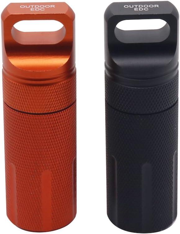 HRX Package Outdoor Waterproof EDC Survival Container Capsule, Airtight Aluminum Pill Bottle Match Seal Storage Case Camping Essentials Emergency Tool (2PCS) (Black and Orange)