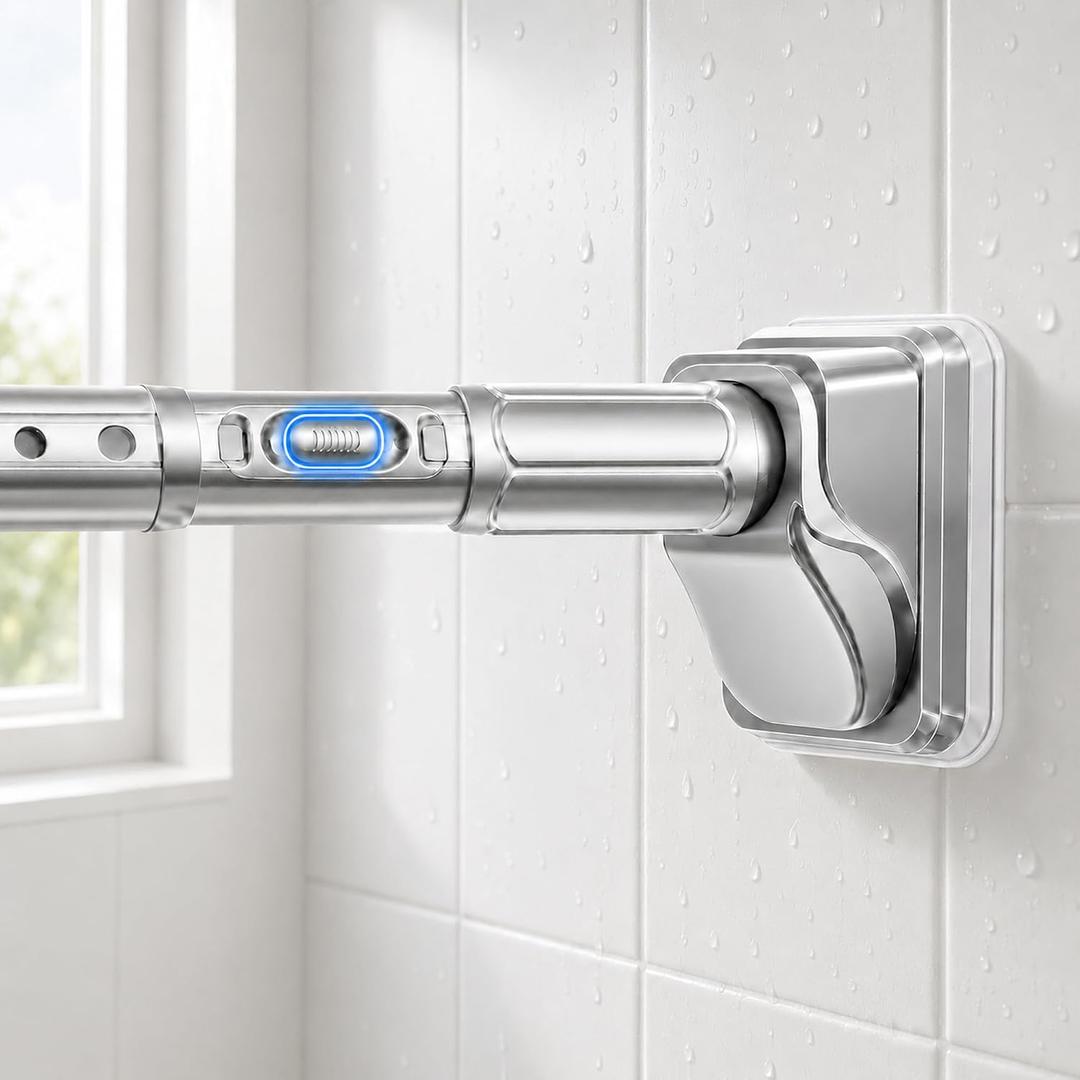 JILRON Shower Rods for Bathroom 32-96in(2.66-8ft),Rust-Resistant,No Drill spring curtain rod,for Shower,Outdoor Curtain,Closet-1.26" dia,One-Click Stretch Design, Upgraded Anti-Slip Pads