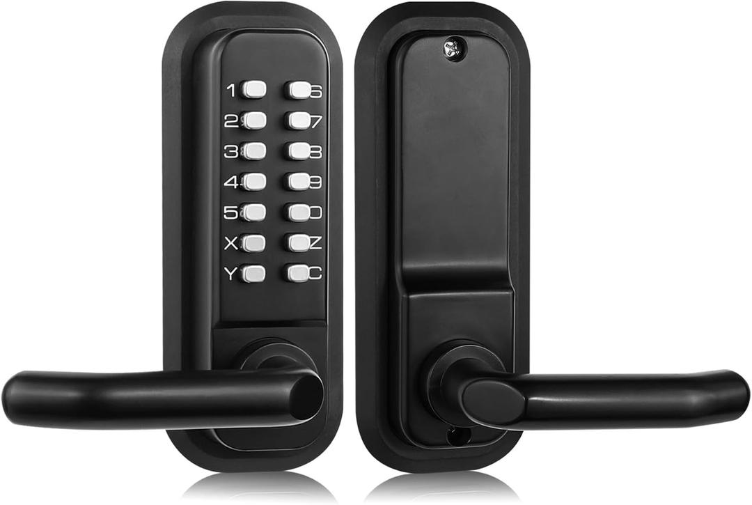 Mechanical Keyless Entry Door Lock with Handle, Stainless Steel Waterproof keyless gate Locks for Outdoor Fence, Mechanical Door Locks with with Keypad (Black, with Large Cushion)