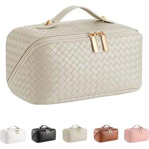 Large Capacity Travel Cosmetic Bag - PU Leather Makeup Organizer Bag Portable Woven Makeup Bags for Women Waterproof Travel Toiletry Bag with Divider Pouch, Khaki