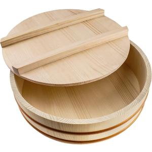 Kichgather Wooden Sushi Rice Bowl with Lid Hangiri Sushi Oke Sushi Rice Mixing Tub (10.6  with lid)