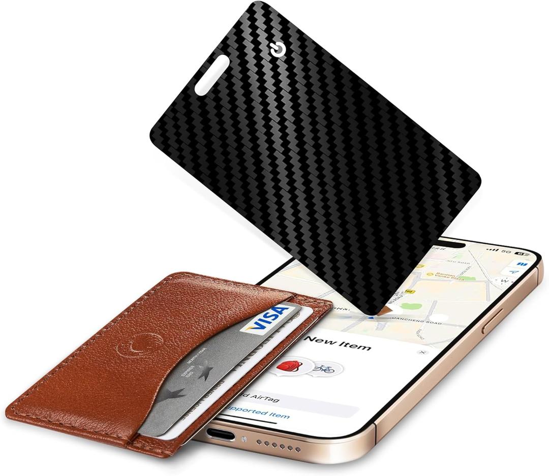 Vrebrey Wallet Tracker Card, Slim Rechargeable Bluetooth Item Locator, Smart Finder Compatible with Apple Find My for Wallet, Luggage, Passport, IP68 Waterproof (iOS Only) (Carbon Fiber Black)