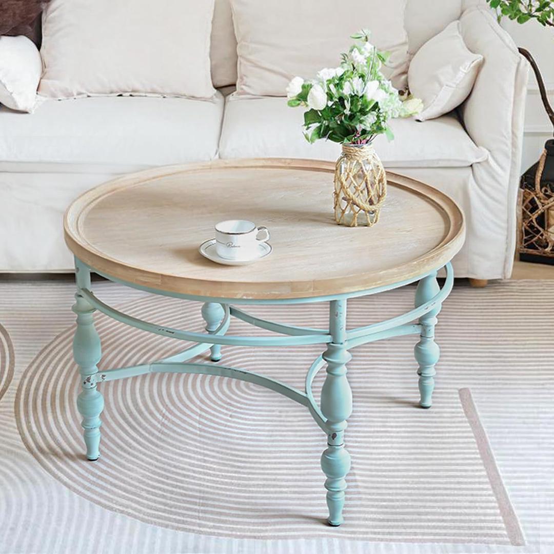 Rustic Farmhouse Round Coffee Table, French Country Vintage Center Table,31.5'' x18.9''H Rustic Solid Wood with Vintage Iron Legs, for Living Room, Bedroom,Dinning Room,Nature White