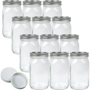 Jumterlee Wide Mouth Mason Jars 32 oz 12Pcs, Canning Jars with Airtight Lids and White Plastic Mason Jar Lids with Silicone Rings for Overnight Oats, Food Storage, Dry Food, Snacks, Candies and More