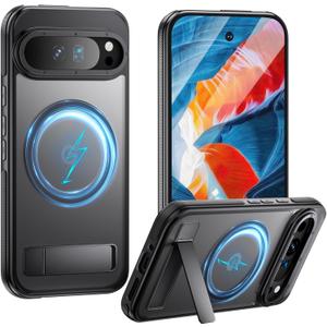 for Google Pixel 9 Pro XL Case Magnetic Stand, Cases for Pixel 9 Pro XL Phone Case Compatible with Magsafe Hard Back Anti-Drop Shockproof, with Metal Foldable Kickstand Translucent Black