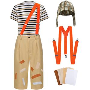 Ramede 9 Pcs Adults Halloween Sitcom Costume Set Striped T-shirt Pants Hat Suspenders Repair Patch for Cosplay Outfits(M)