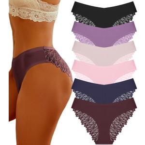 FINETOO 4 Pack Sexy Underwear for Women Silky Seamless No Show Panties Ladies Lace Bikini Lightweight Cheeky Hipster (Large, Black & Grape Purple & Dark Blue & Purple & Khaki & Pink)