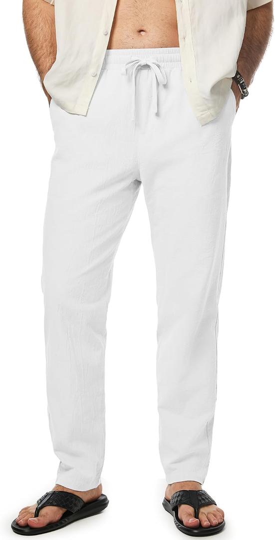 JMIERR Mens 100% Cotton Pants Casual Elastic Waist Drawstring Lightweight Summer Beach Trousers with Pockets (White, L)