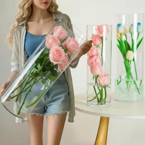 Liotww Extra Large Clear Acrylic Cylinder Flower Vase for Floor, 24 in Tall Big Wide Mouth Plastic Unbreakable Oversized Vases of 3 for Wedding Party Flower Shops (D 10", D 8", D 6" + 3 Holder)