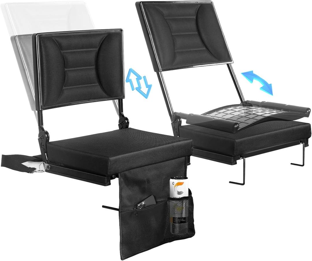 2 PACK Extra Wide Stadium Seat with Back Support | Adjustable High Back & Thick Padded | Bleacher Chairs with back and Cushion, Includes Cup Holder, Shoulder Strap, Perfect for Concerts, Sports Events (Black)
