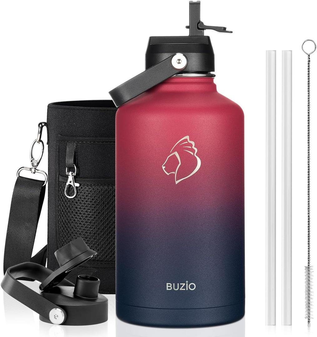 BUZIO 64oz Insulated Water Bottle Stainless Steel Double Wall Leak Proof Half Gallon with Straw Lid and Flex Cap (Cold for 48 Hrs) Sports Flask Metal Travel Mug for Hiking Cycling, Ruby Red Navy