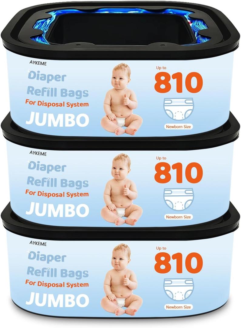 Jumbo Square Refills Disposal Bags Compatible with Diaper Genie Compact & Select Pails (Not Fit Classic),Hold Up to 810 Newborn-Sized Diapers Per Refill(3 Pack)