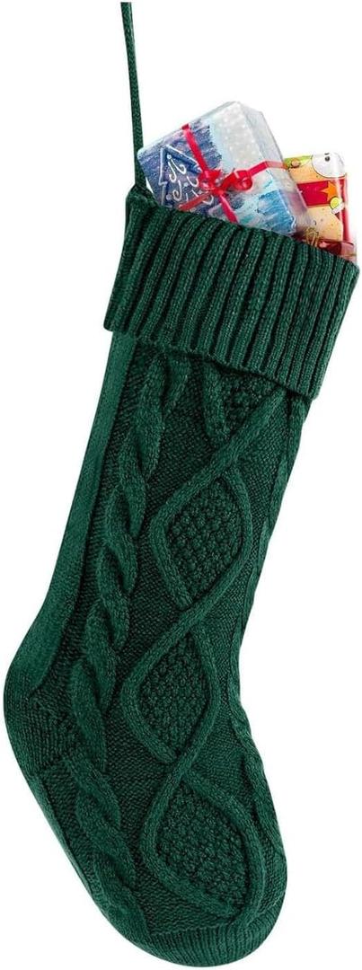 LEDeng Large Cable Knit Christmas Stockings, Fireplace Hanging Christmas Stockings, Perfect for Holiday Home Party Decorations, Unique Burgundy and White and Green Knitted Christmas Stockings (Green)