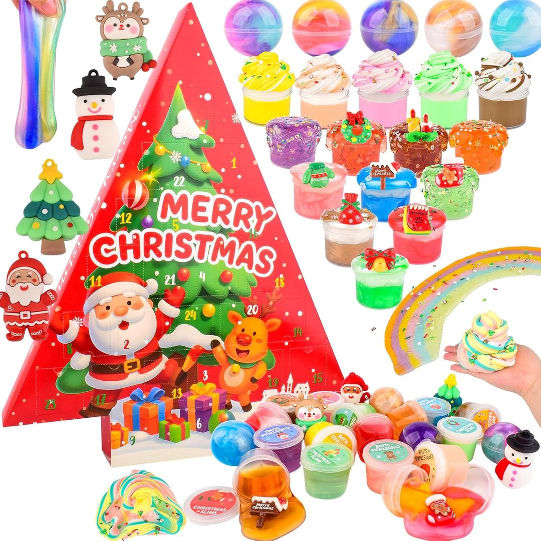 Christmas Slime Kit  24 Pack Butter Slime Party Favors for Slime Lovers, Xmas Stickers & Charms, Christmas Stocking Stuffers for Kids, Super Soft, NonSticky, DIY Surprise Slime for Girls & Boys