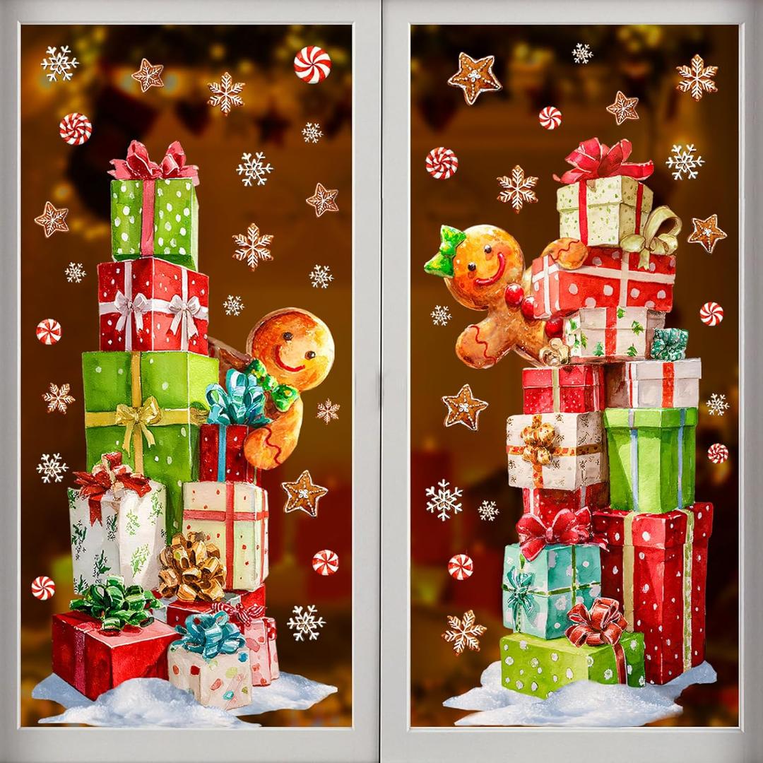 Christmas Window Clings Decorations: 2 Sheets Extra Large Stacked Gift Boxes Gingerbread Man Window Clings, Rustic Brown Gingerbread Snowflakes Xmas Decals for Home Office Holiday Party Dcor
