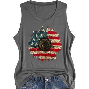Independence Day Shirt for Women 4th of July Short Sleeve American Flag Shirt Sunflower Tee Tops (Gray, XL)