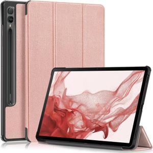 Gylint Folding Folio Stand Case for Samsung Galaxy Tab S9+ 2023 (Models: SM-X810/X816/X818), Ultra-Thin PU Leather Smart Cover, Rose Gold