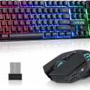 CHONCHOW USB Wireless Gaming Keyboard and Mouse Combo, LED Backlit Ergonomic Mechanical Feeling Keyboard, Rechargeable 2500mAh Battery, Anti-ghosting Keyboards 7D 3600DPI Mice for PC Gamer (black,rgb backlit)